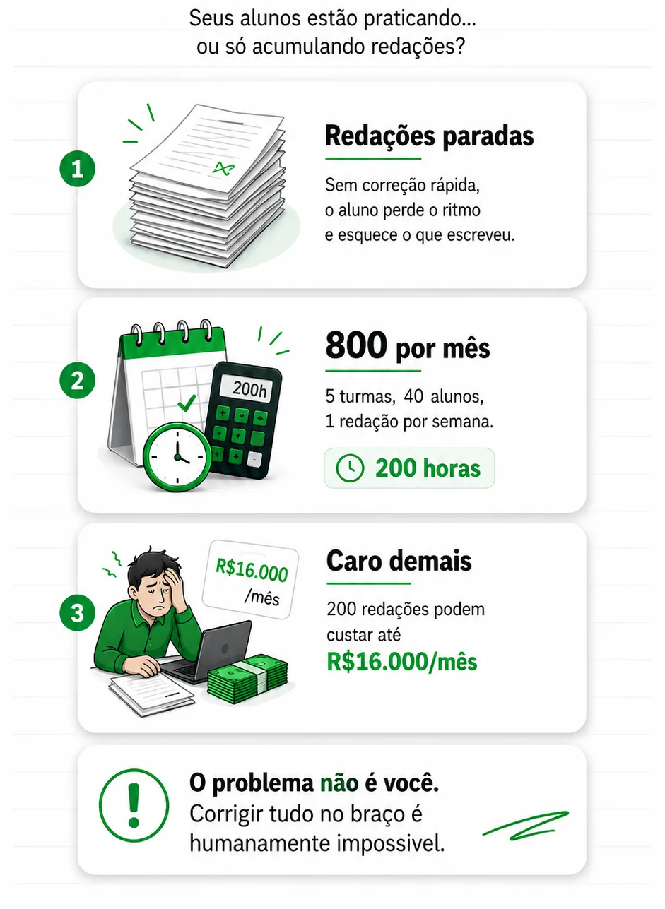 Seus alunos estão praticando ou só acumulando redações? Redações paradas sem correção rápida, 800 redações por mês = 200 horas, corretor particular custaria R$16.000/mês. O problema não é você, corrigir tudo no braço é humanamente impossível.